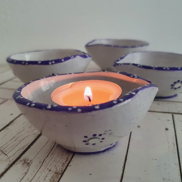 Luminous Lavender - Handcrafted White Diya with Purple Border and Mirrored Details - Sharjah - Diwali Collection