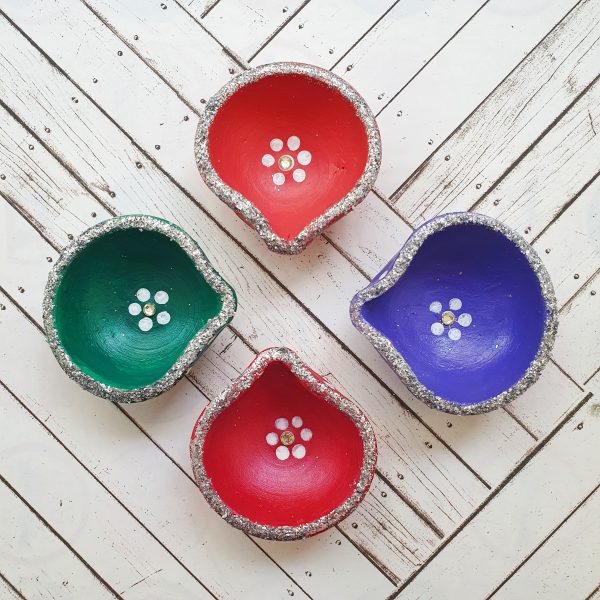 Colorful Diyas with Silver Glitter Borders and Playful Polka Dots - Set of 4 - sharjah - diwali decor